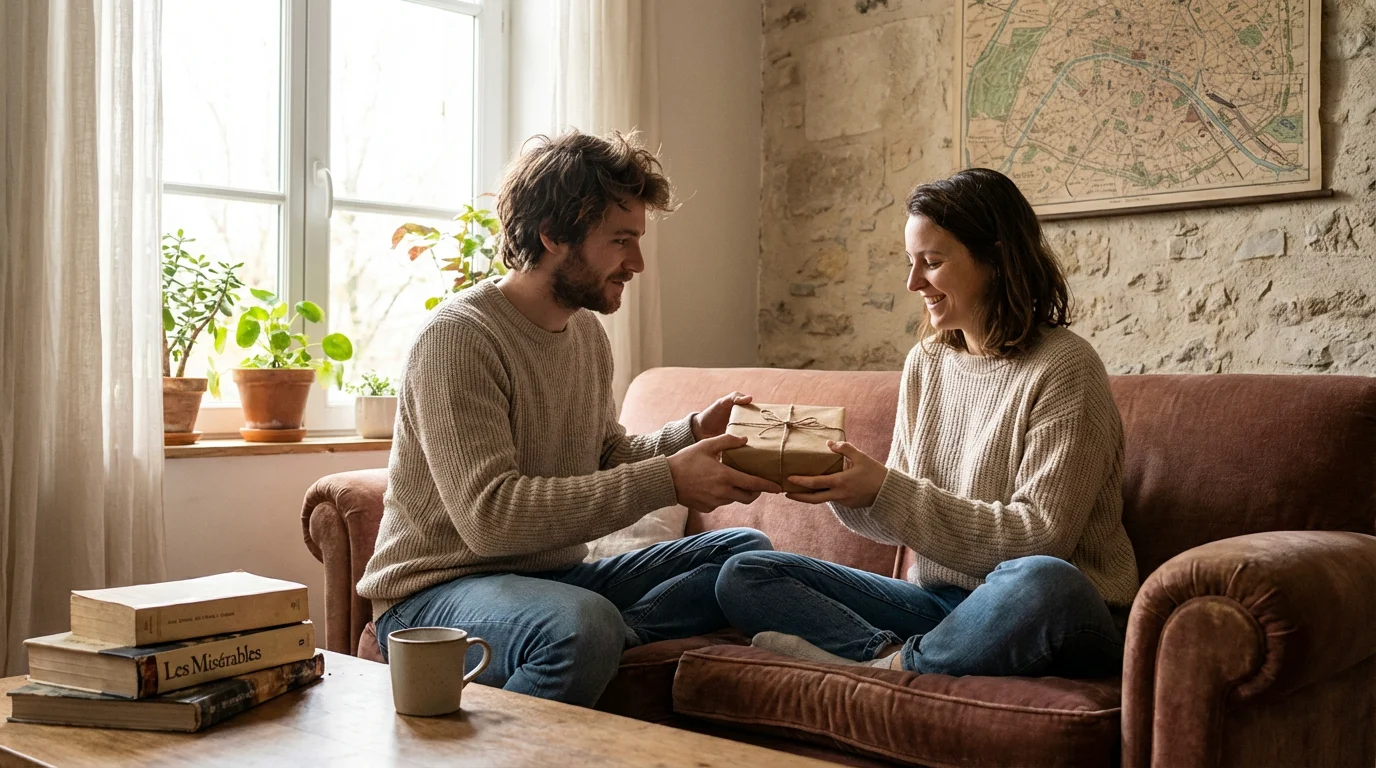 Cadre chaleureux: un couple échange un cadeau sur un canapé, premier anniversaire de relation.