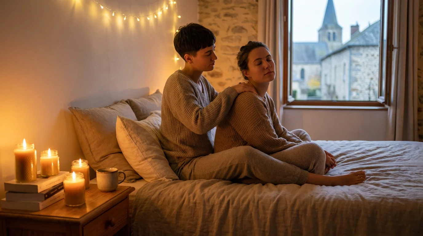 Cadeau 1 an de relation: couple européen partageant un moment romantique avec massages et bougies sur le lit.