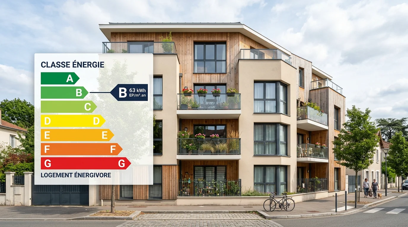 Étiquette énergétique d'un logement classée de A à G sur une façade d'immeuble