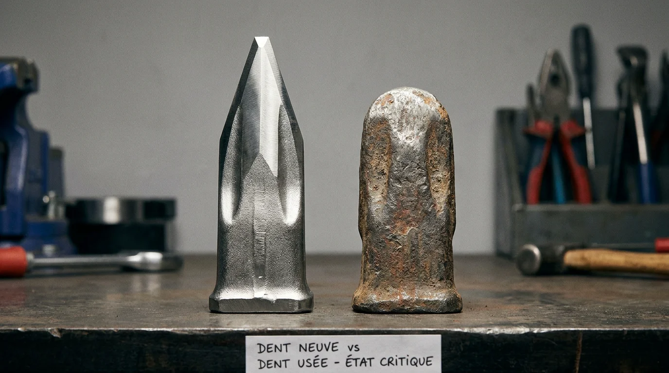 Comparaison entre une dent de godet neuve et une dent usée montrant le seuil de remplacement