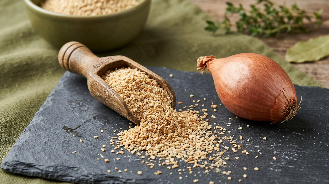 Granulés d'échalote déshydratée en semoule à côté d'une échalote fraîche