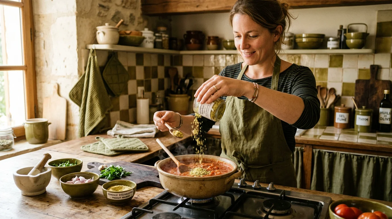 Cuisinier ajoutant de l'échalote en semoule dans une sauce mijotée