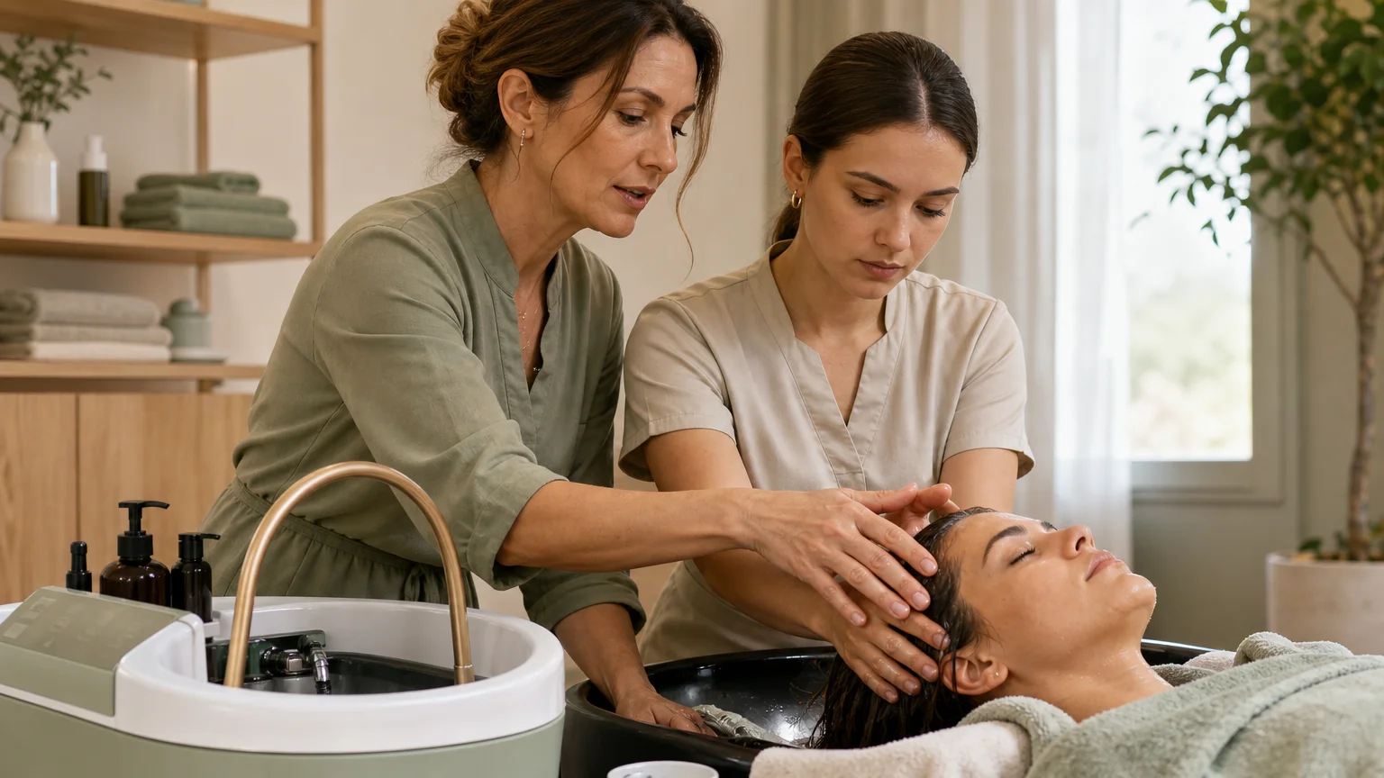 Formatrice corrigeant les gestes d’une stagiaire pendant une formation Head Spa