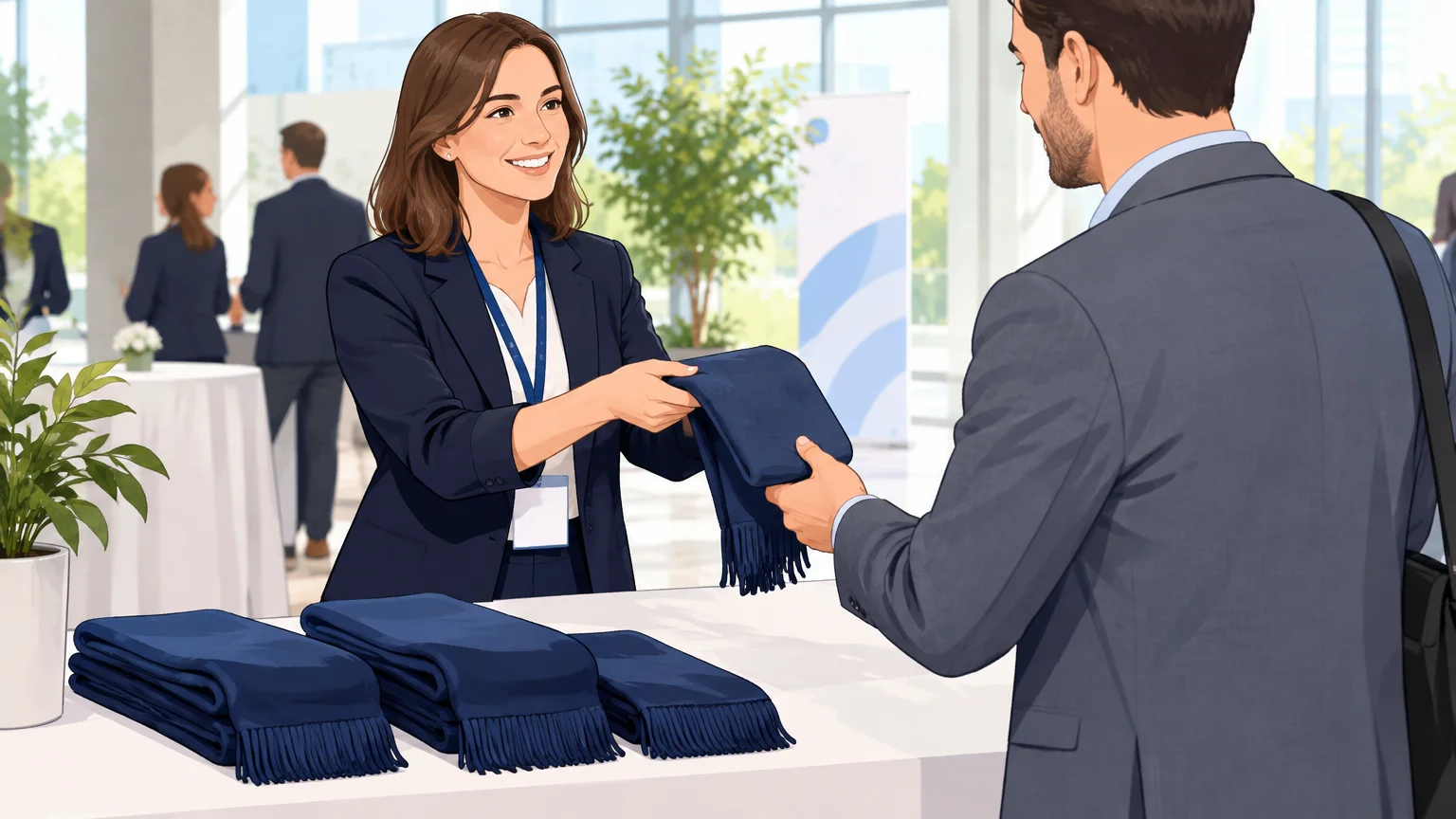 Remise d’une écharpe personnalisée lors d’un événement professionnel
