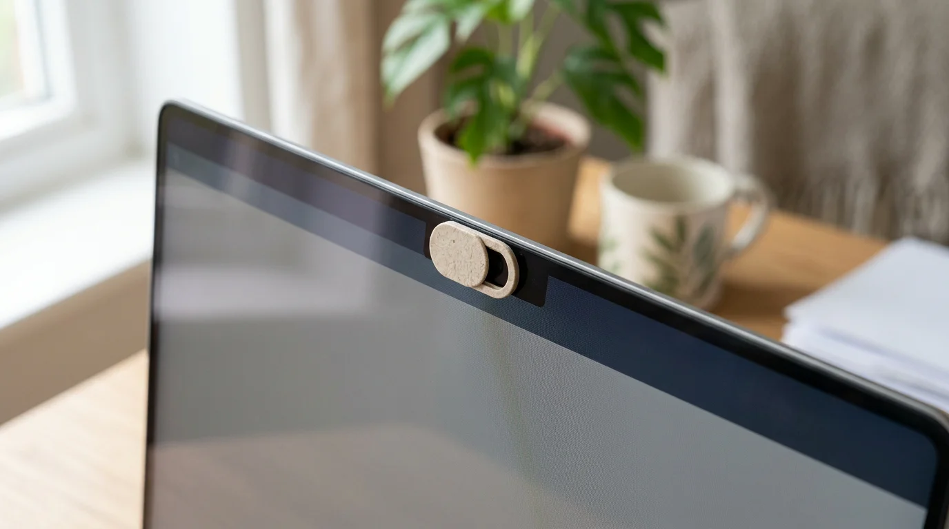 Cache-webcam coulissant écoresponsable en gros plan sur un ordinateur portable