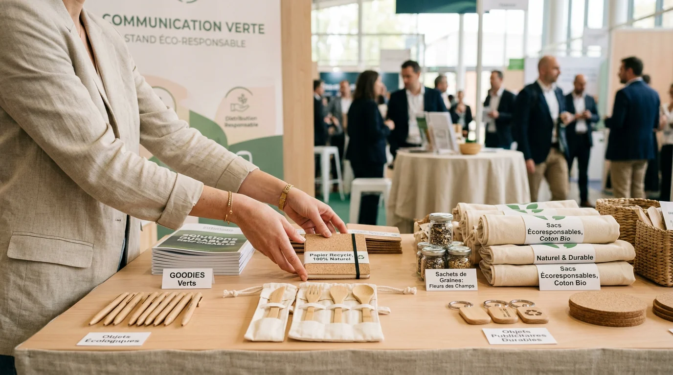 Distribution de goodies écoresponsables sur un stand de salon professionnel