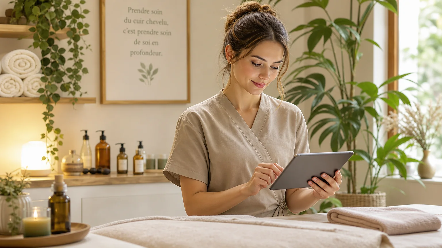 Praticienne de bien-être consultant une tablette dans un espace de soin apaisant