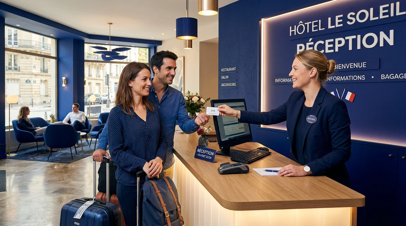 Réceptionniste remettant une clé de chambre à des voyageurs dans un hôtel économique en France