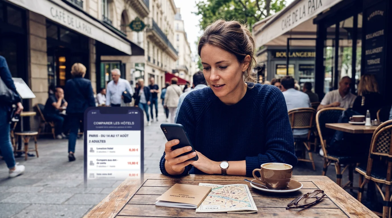 Voyageuse comparant les prix d'hôtels par quartier sur son smartphone en ville