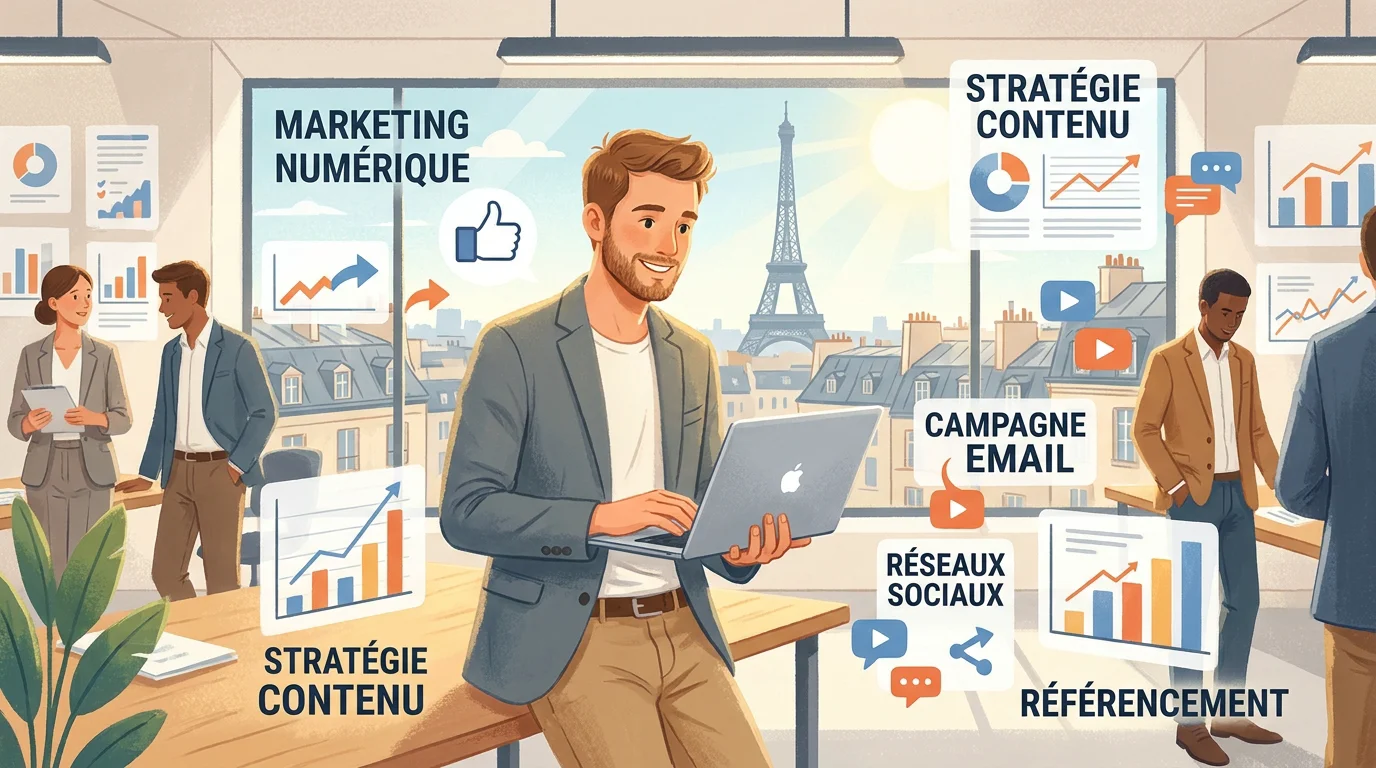 Étudiant en alternance marketing travaillant sur son ordinateur dans un bureau moderne