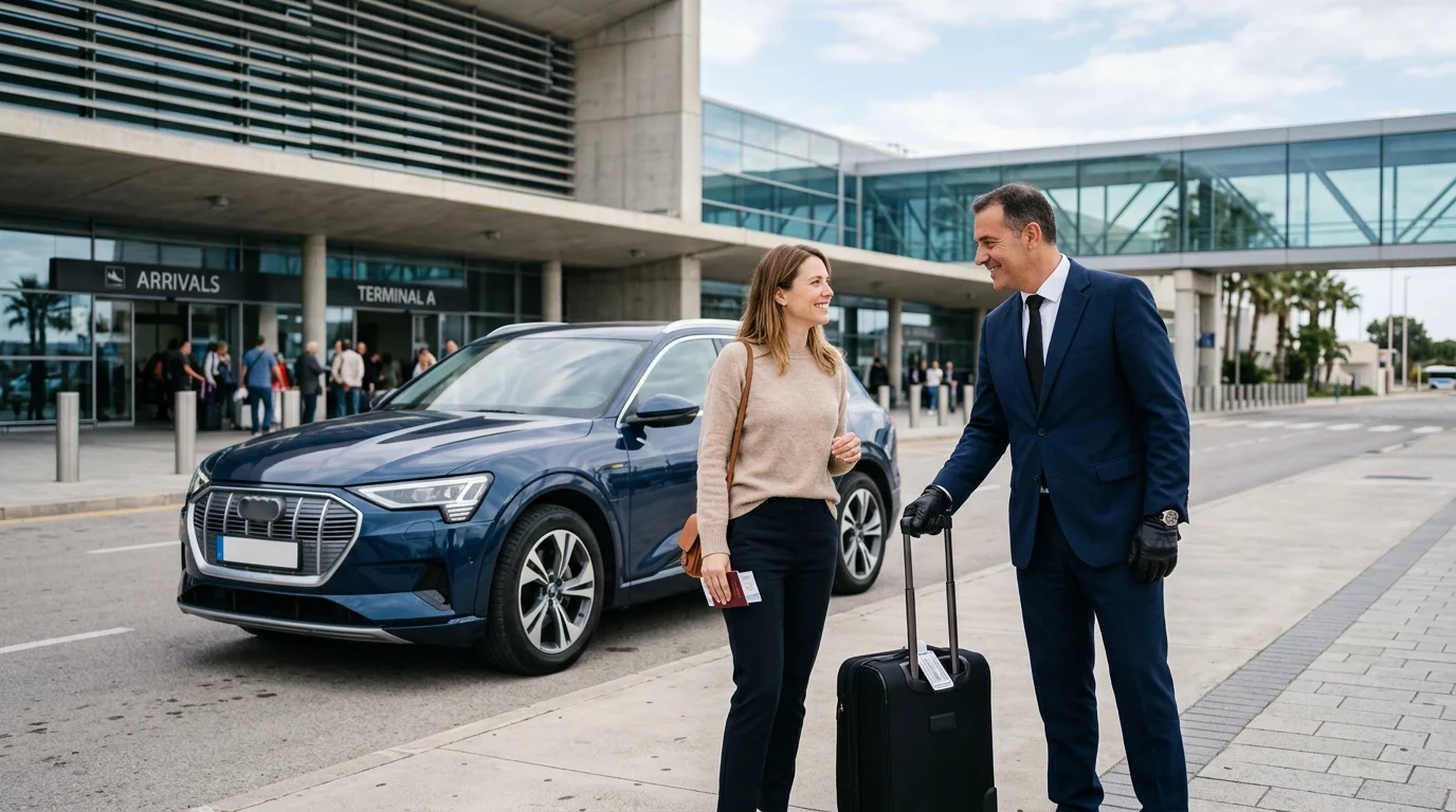 Chauffeur helping a traveller with luggage next to an electric SUV outside Nice airport arrivals