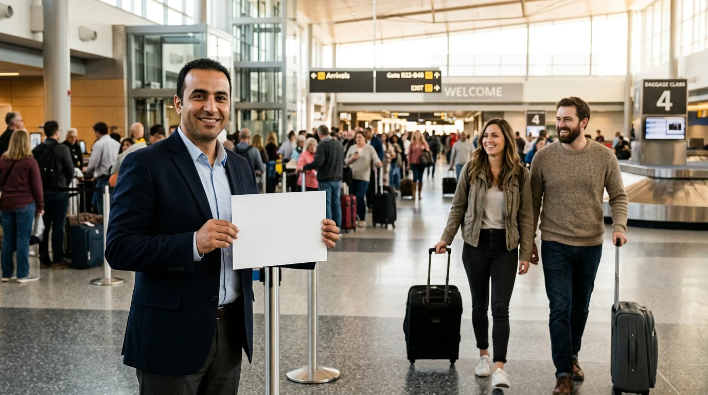Driver holding a name sign greeting arriving travellers in a Nice airport arrivals hall