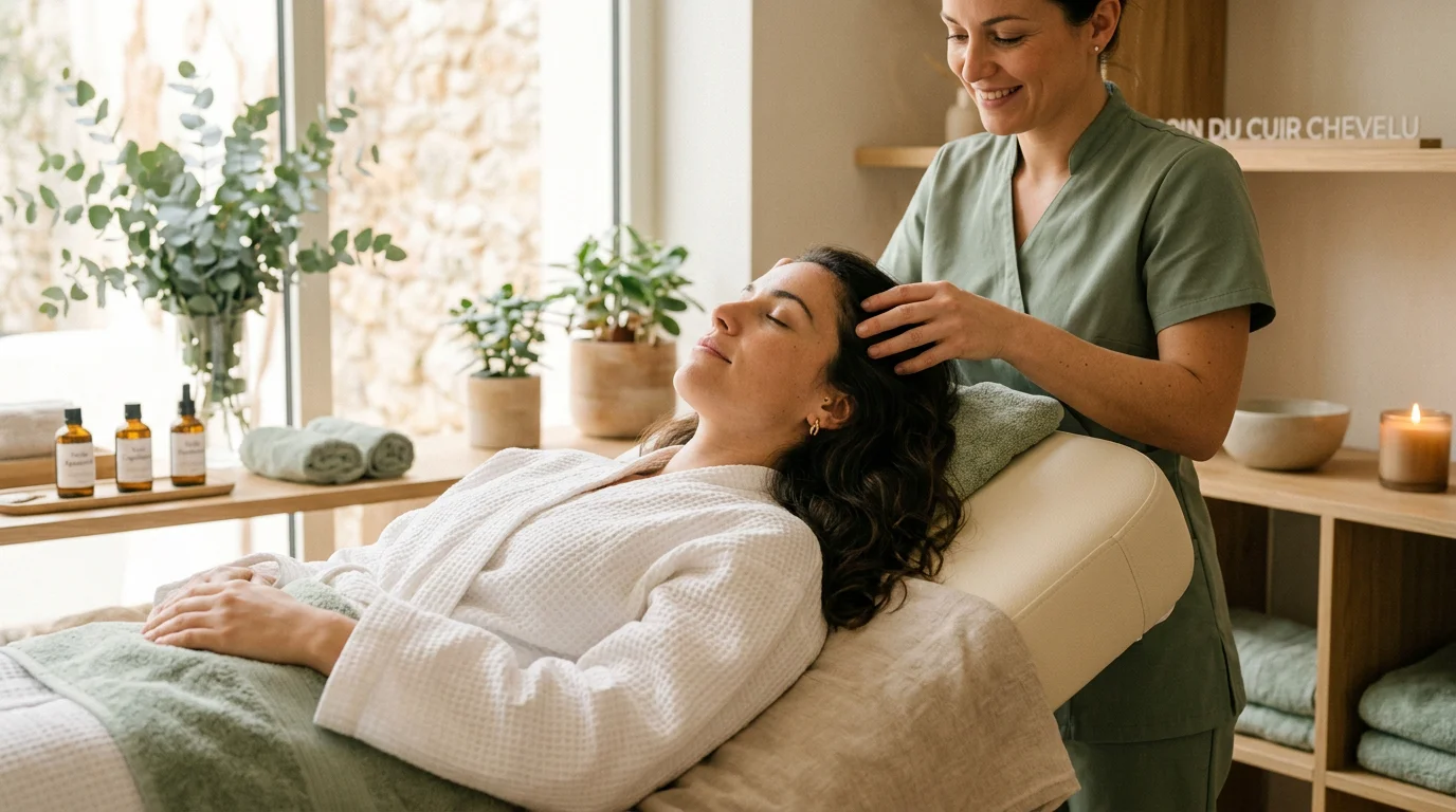 Femme recevant un soin capillaire japonais relaxant en institut