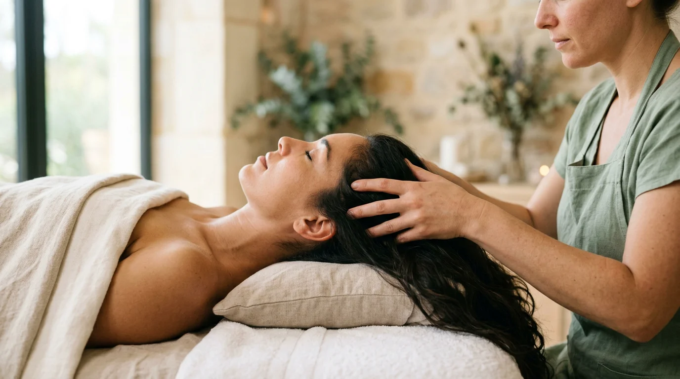 Massage du cuir chevelu lors d'un soin capillaire japonais en institut