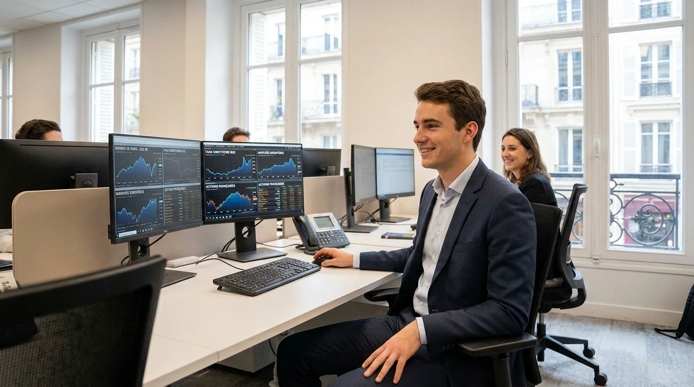 Jeune alternant travaillant dans un bureau bancaire moderne en France