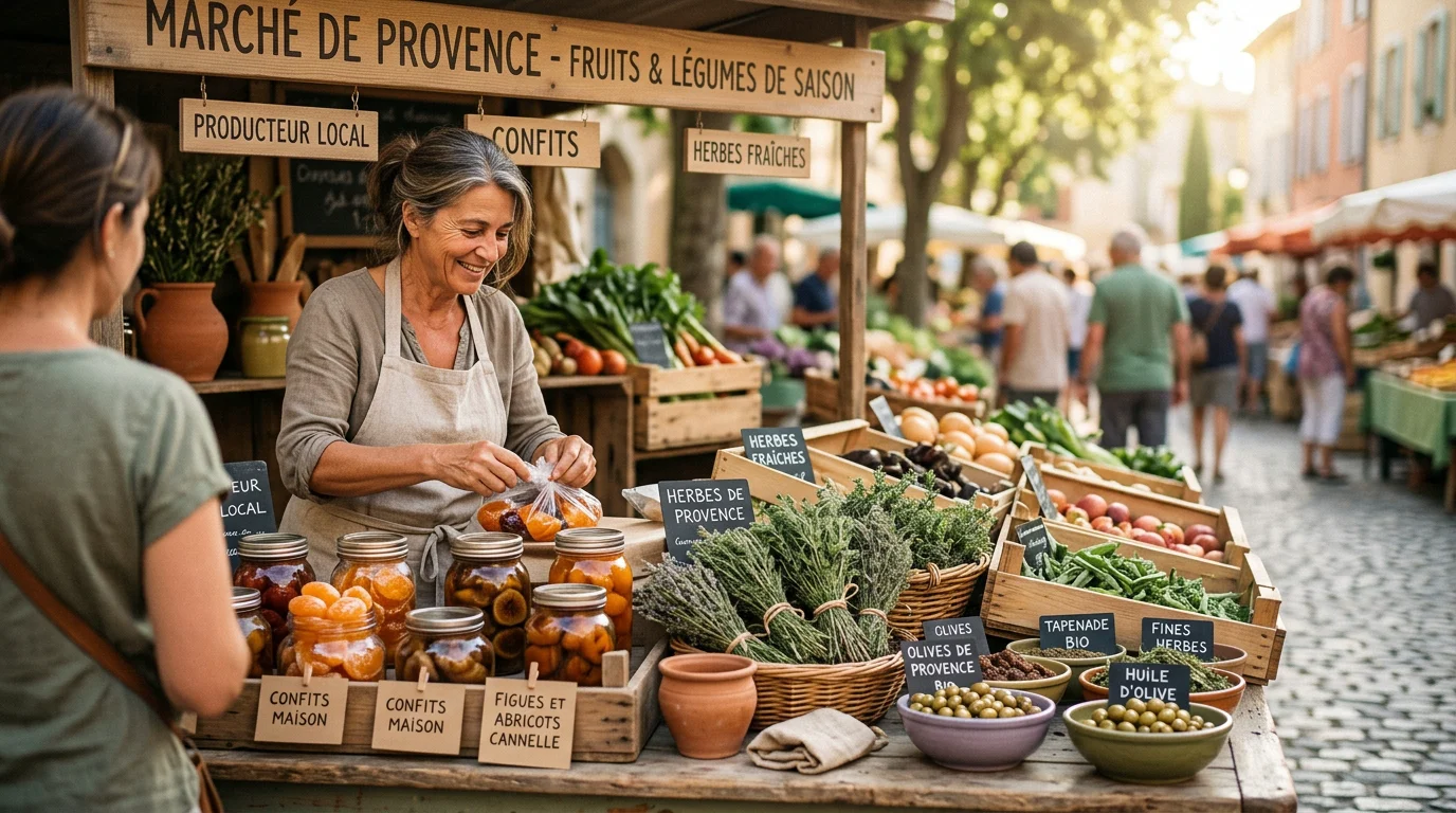 Étal de marché provençal à Apt avec fruits confits et produits du terroir