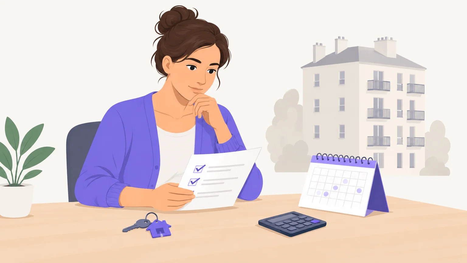Illustration éditoriale d’un bailleur qui compare les critères d’essai d’un logiciel de gestion locative, avec un immeuble français stylisé et une touche violette