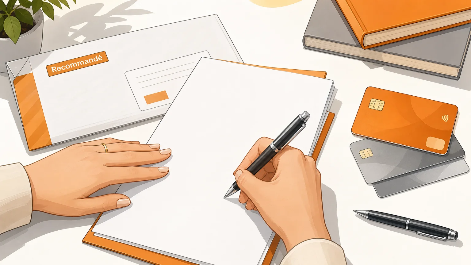Mains non identifiables signant un document bancaire près d’une enveloppe et de cartes personnelles.