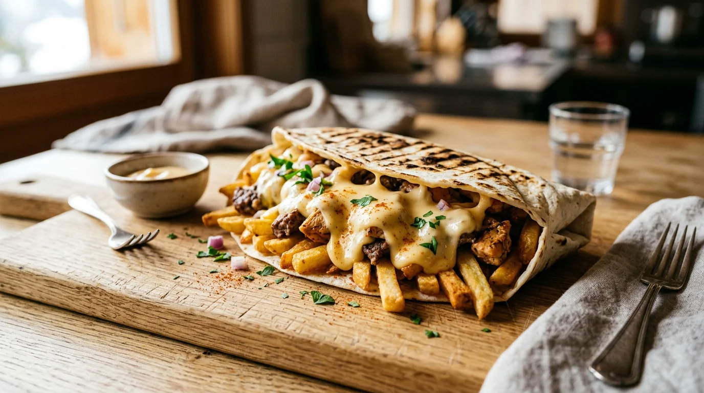Tacos français garni de frites, de viande et de sauce fromagère en gros plan