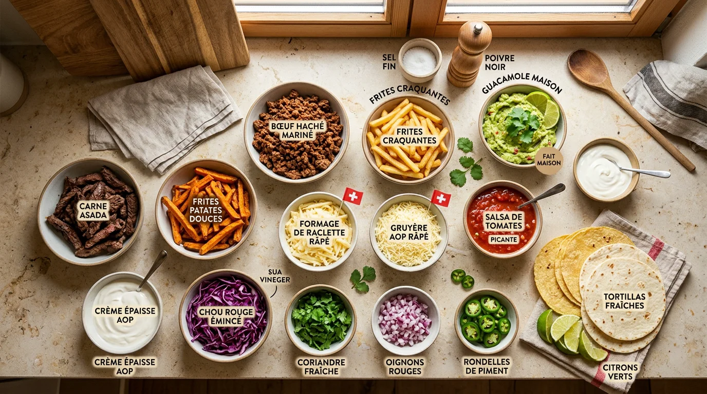 Ingrédients de tacos disposés à plat : viandes, frites, fromages et sauces