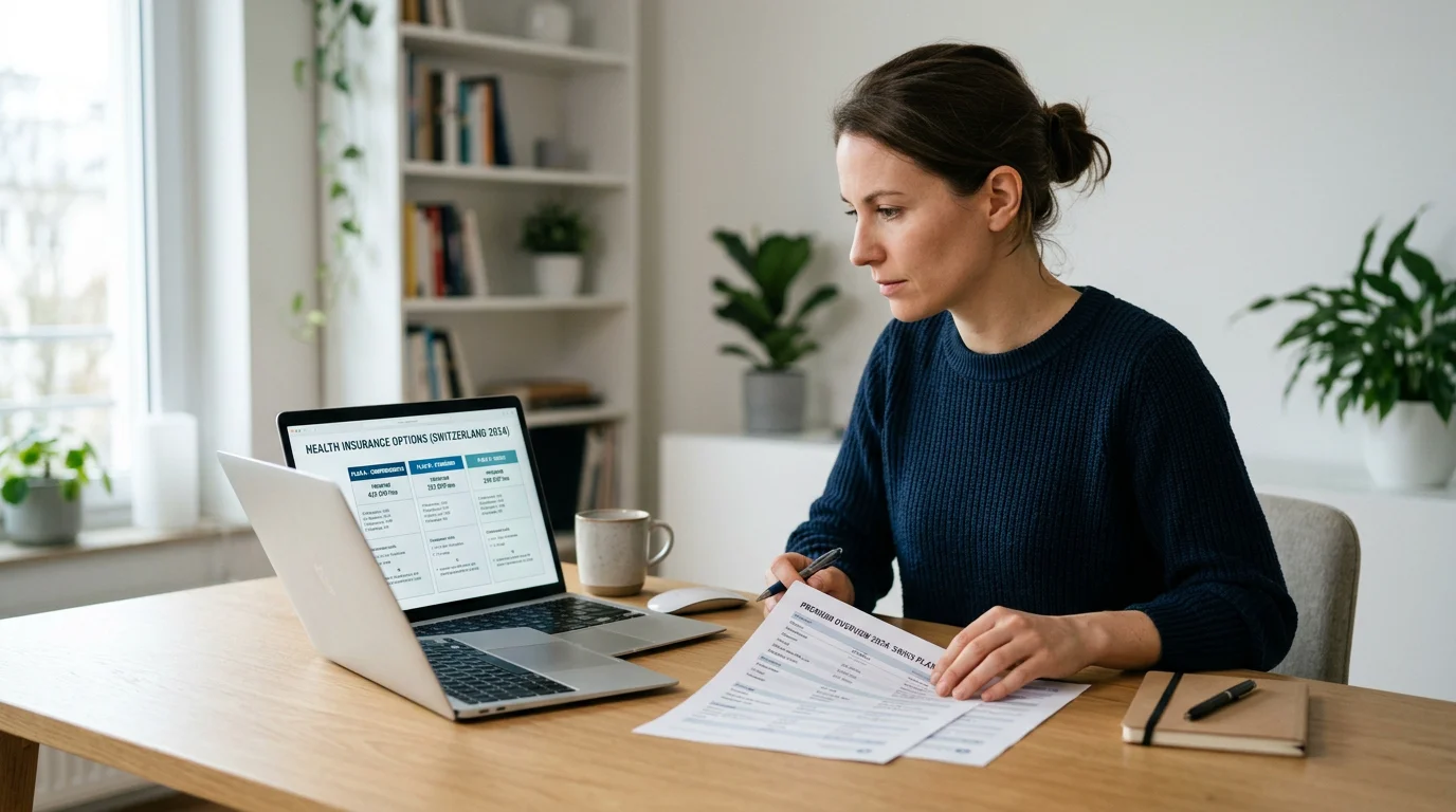 A person comparing Swiss health insurance premiums on a laptop