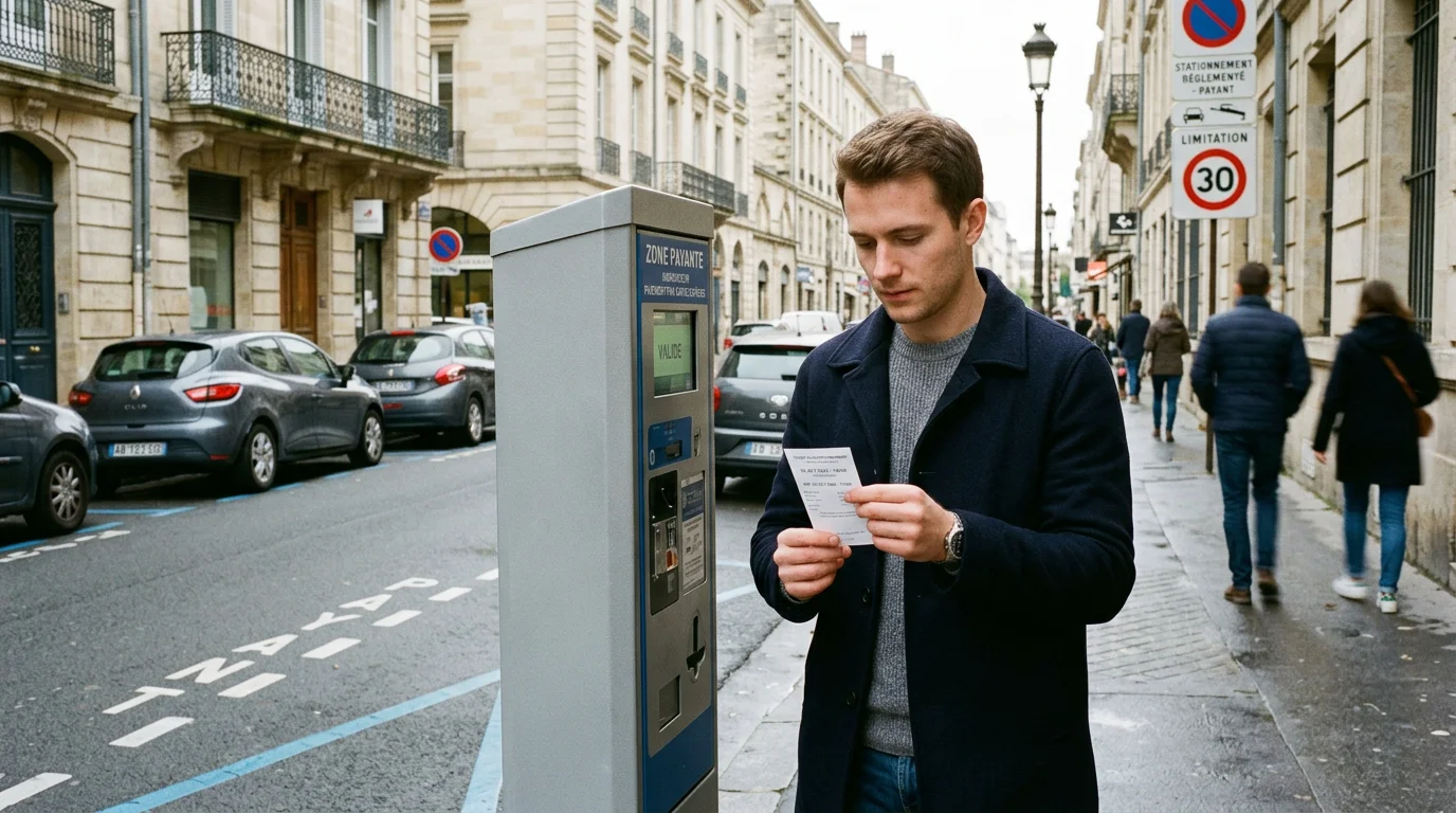 Automobiliste vérifiant son ticket de stationnement dans une zone payante française
