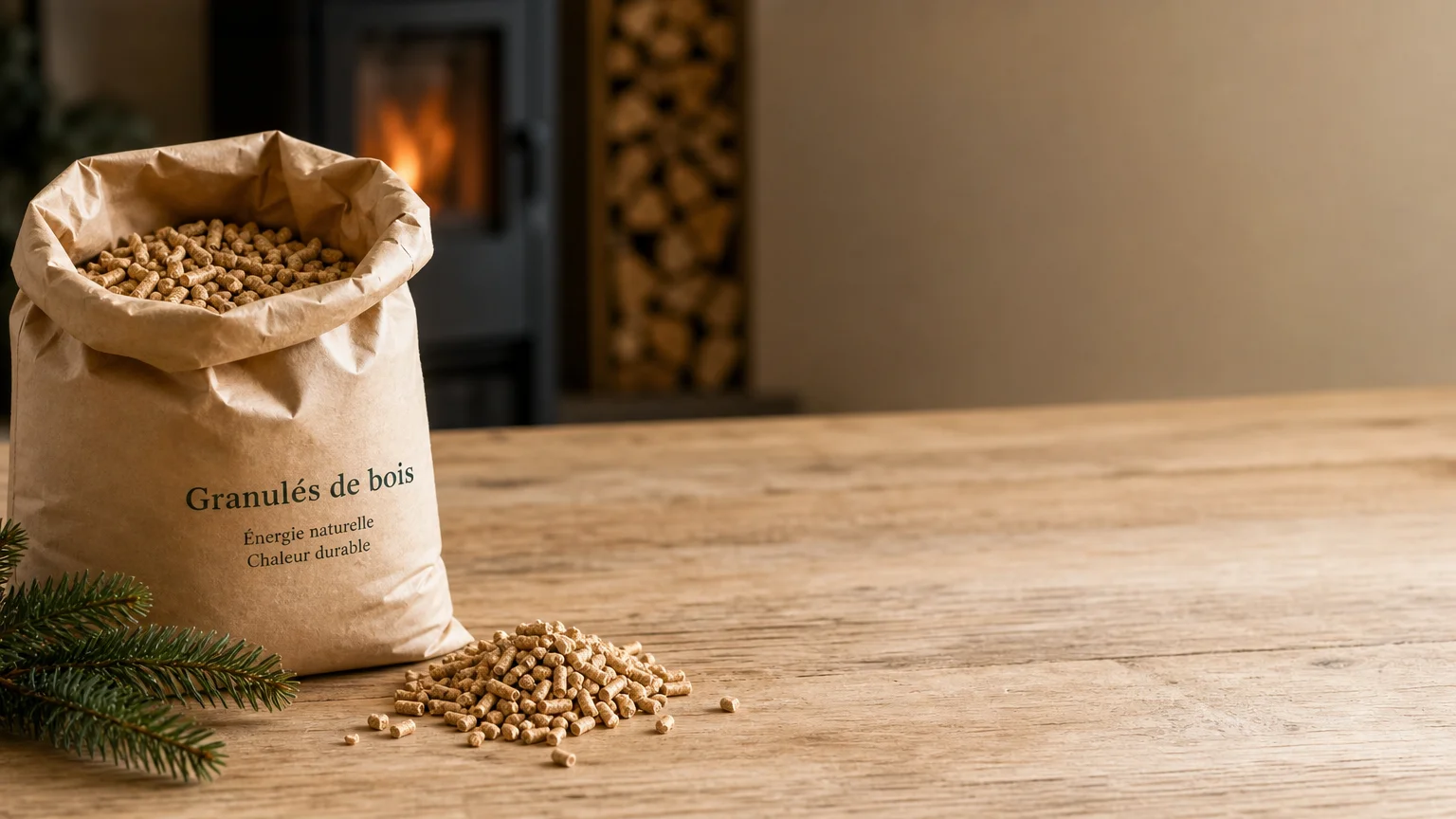 Granulés de bois et sac de pellets dans un intérieur chaleureux