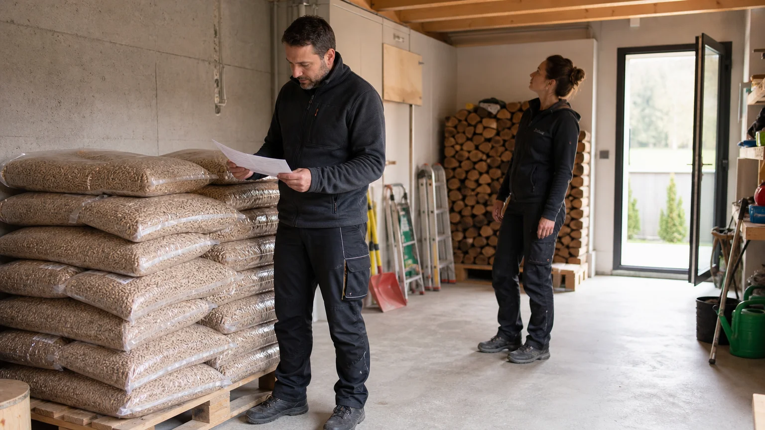 Vérification d’une livraison de pellets dans un espace de stockage résidentiel