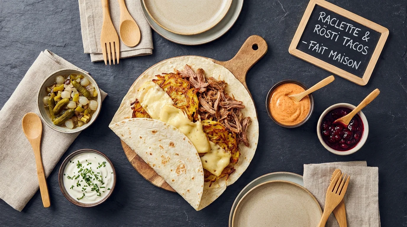 Tacos garni de raclette fondue et rösti vu du dessus avec sauces variées