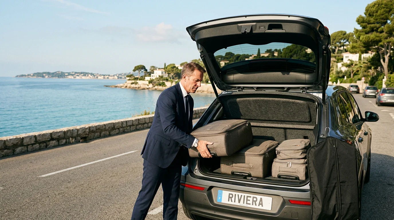 Chauffeur placing two suitcases and two cabin bags into a grey electric SUV boot near the Riviera coast