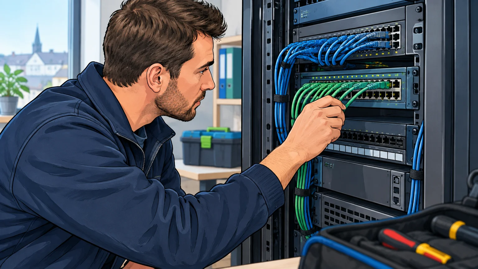 Technicien vérifiant un équipement réseau dans une entreprise