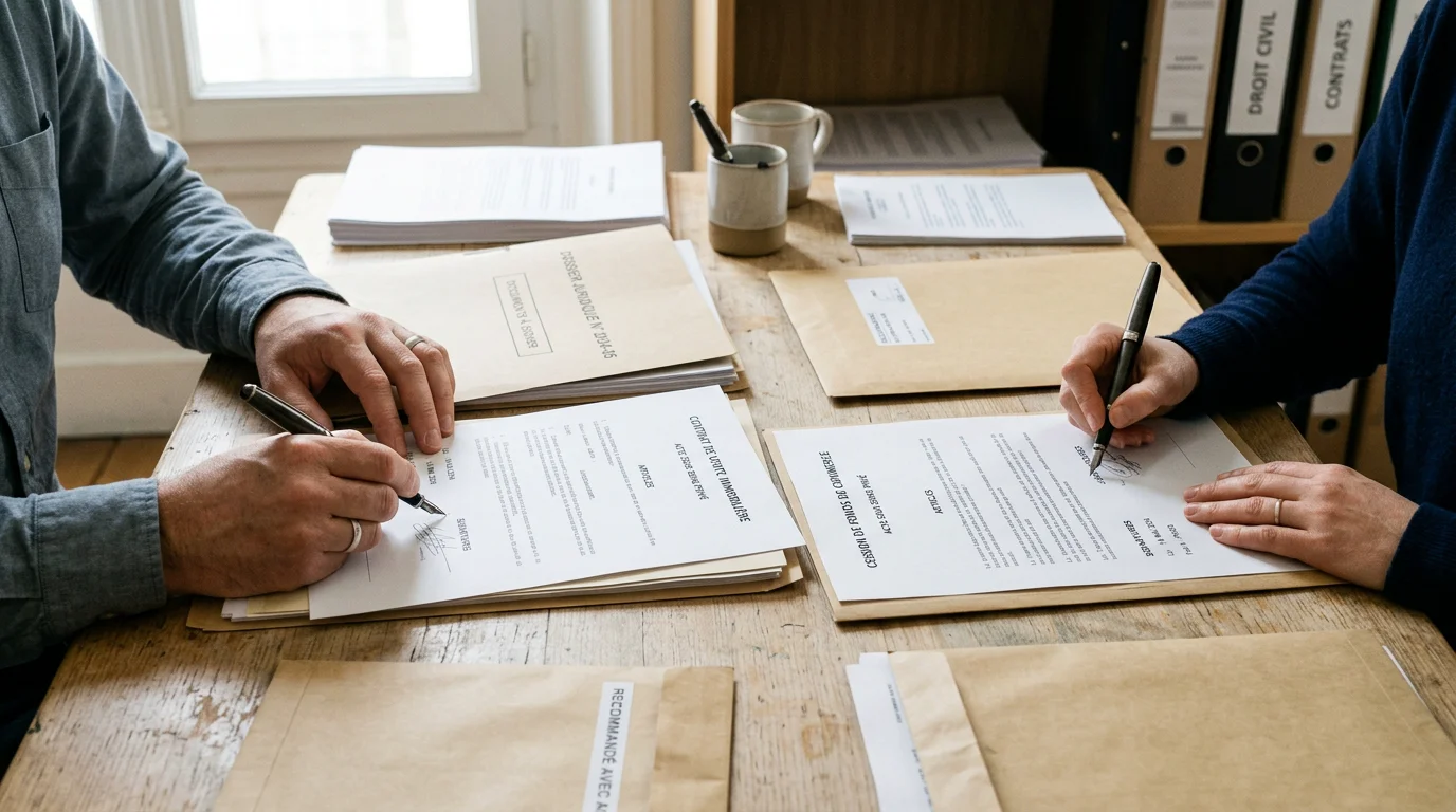 Mains signant les documents d'une convention de divorce sur un bureau