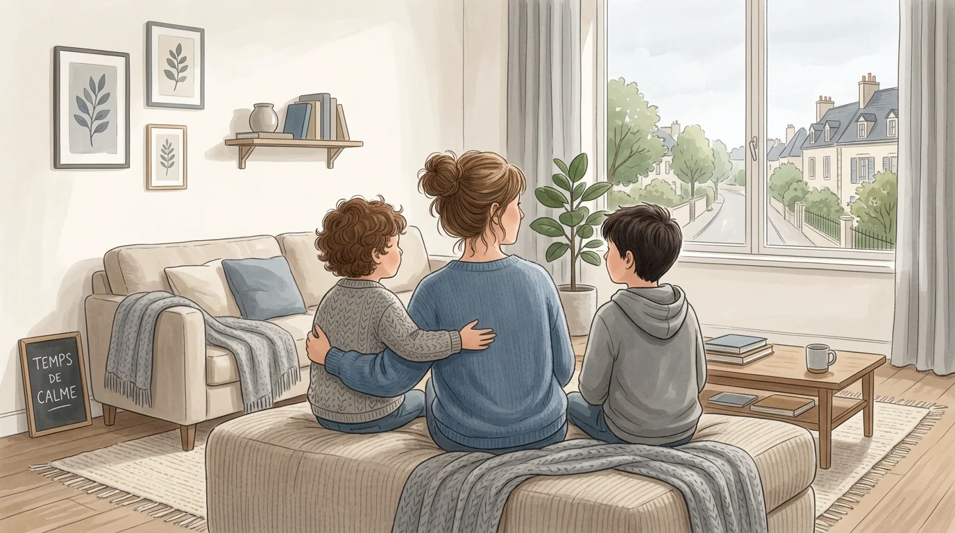 Un parent et deux enfants dans un intérieur apaisant, scène protectrice