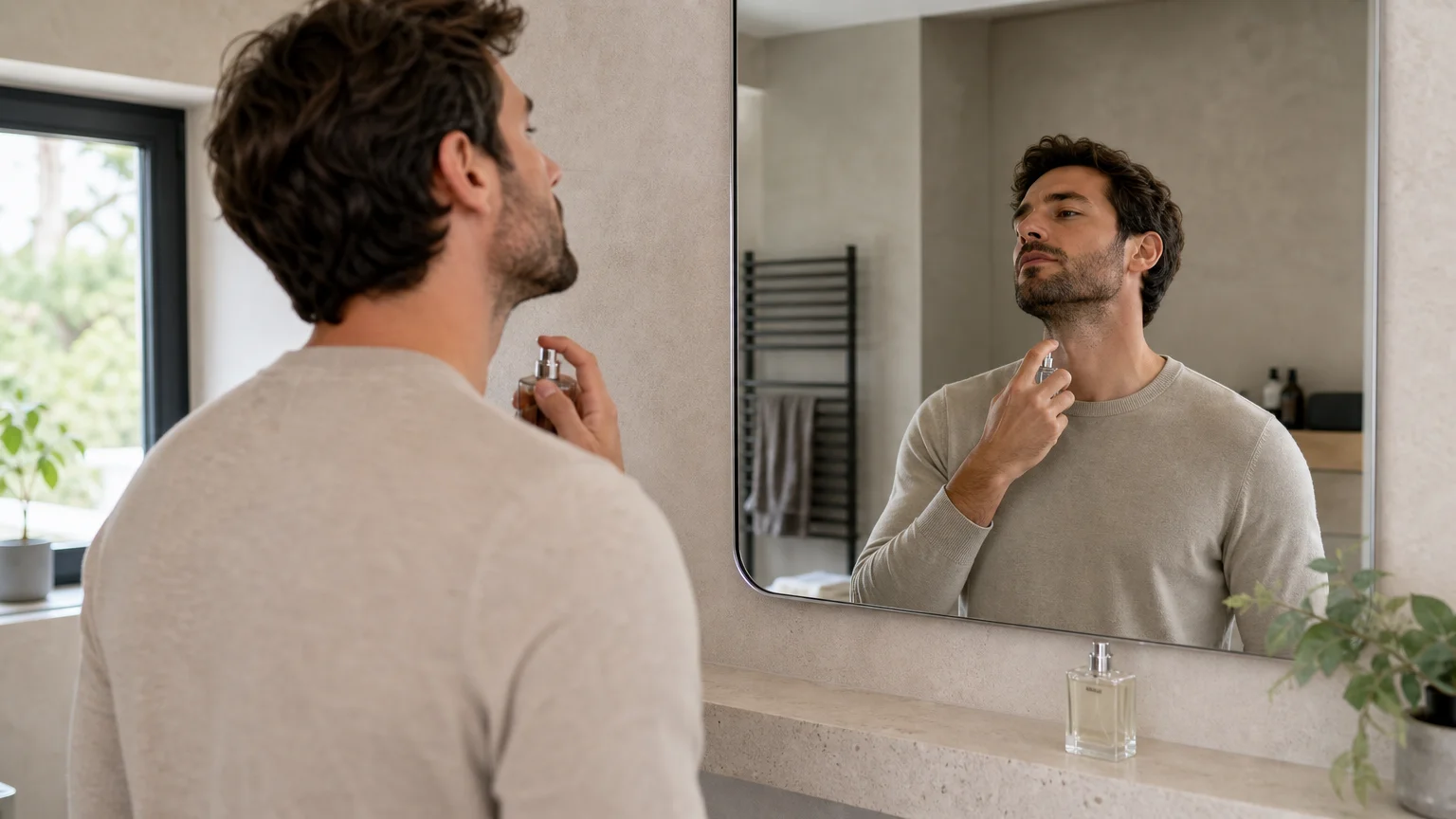 Homme appliquant un parfum masculin aux notes fraîches et boisées