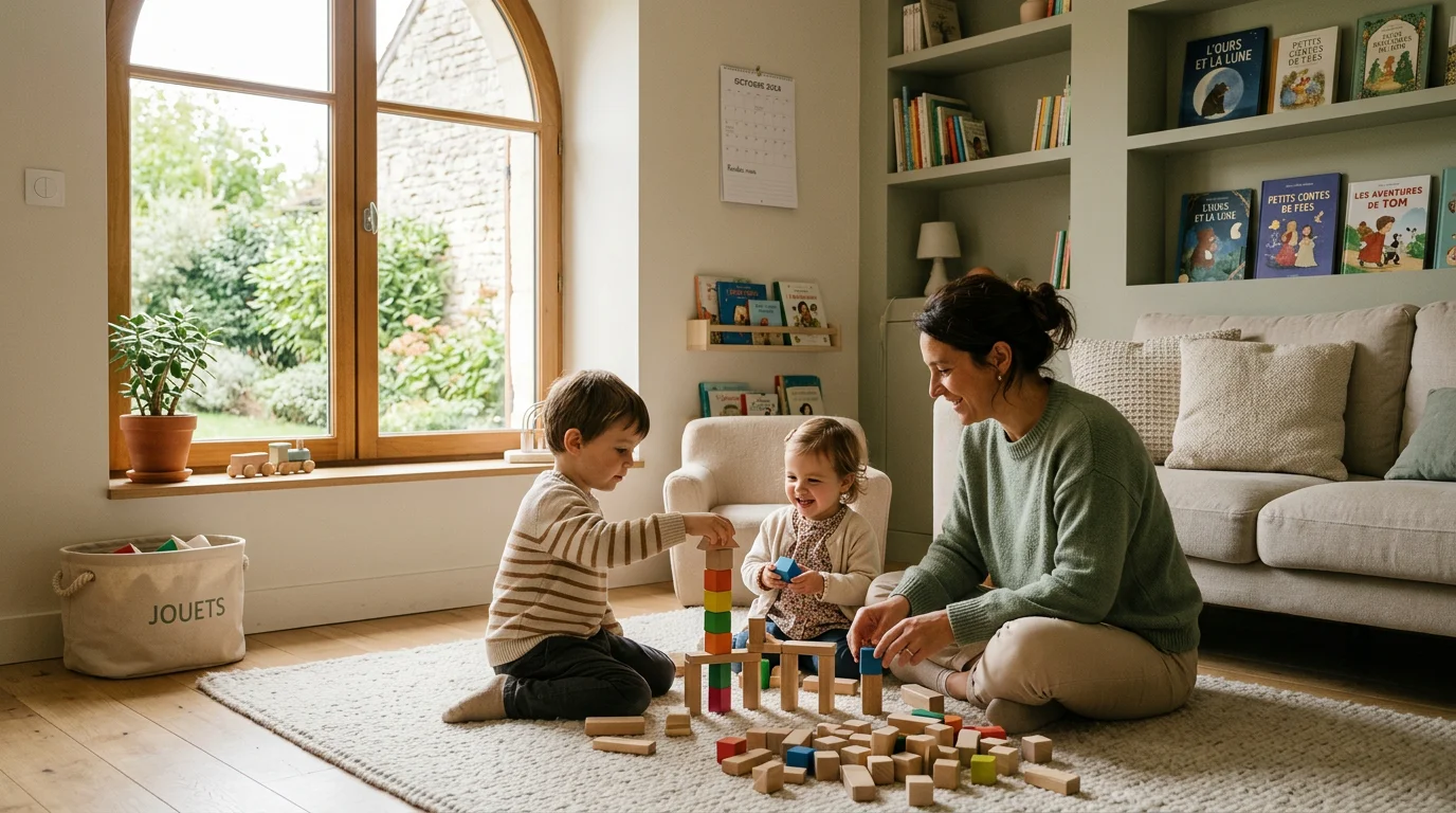 Une nounou joue avec deux jeunes enfants dans un salon lumineux