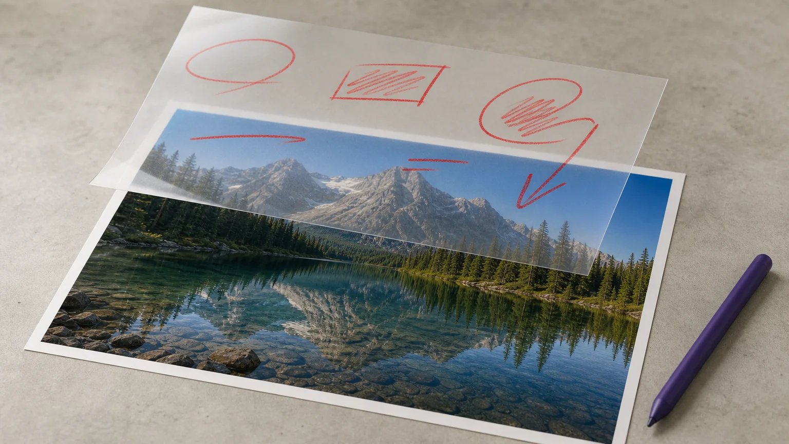 Red scribbles on a lifted acetate overlay above a clean nature photograph