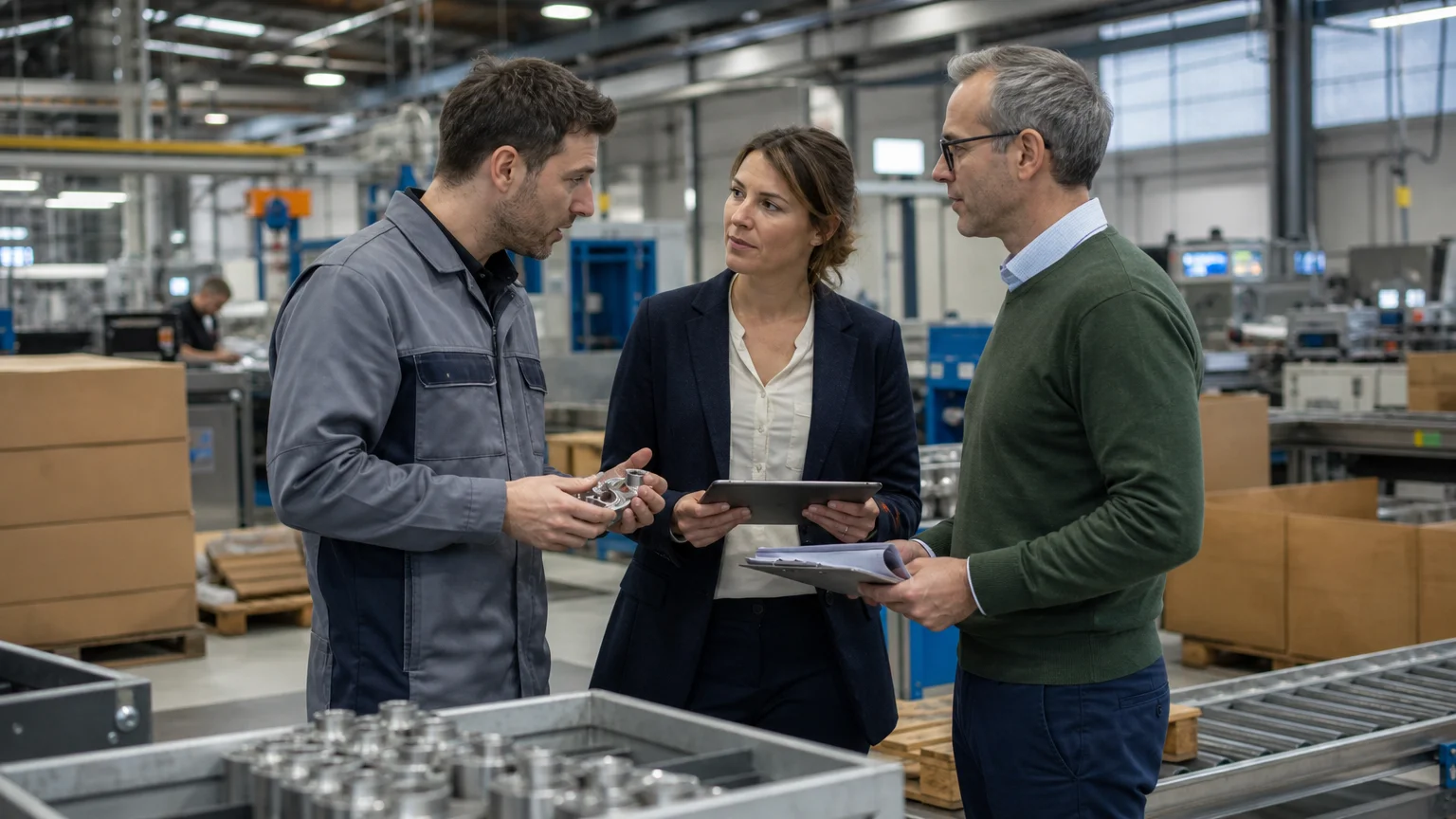 Responsables financiers et industriels échangeant près d’une ligne de production