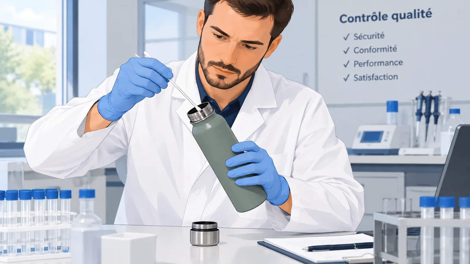 Prélèvement de surface sur une gourde réutilisable dans un laboratoire