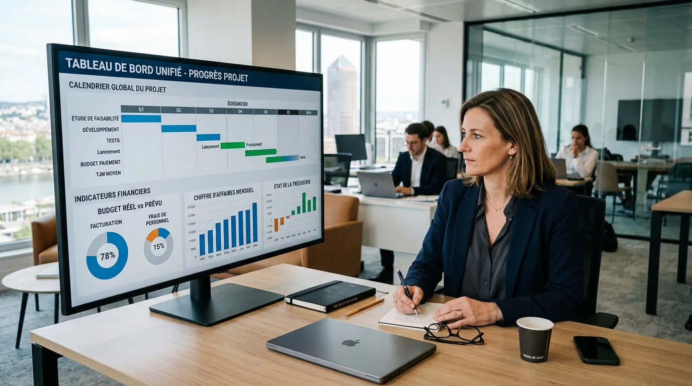 Responsable de projet européen consultant un tableau de bord unifié dans un bureau moderne