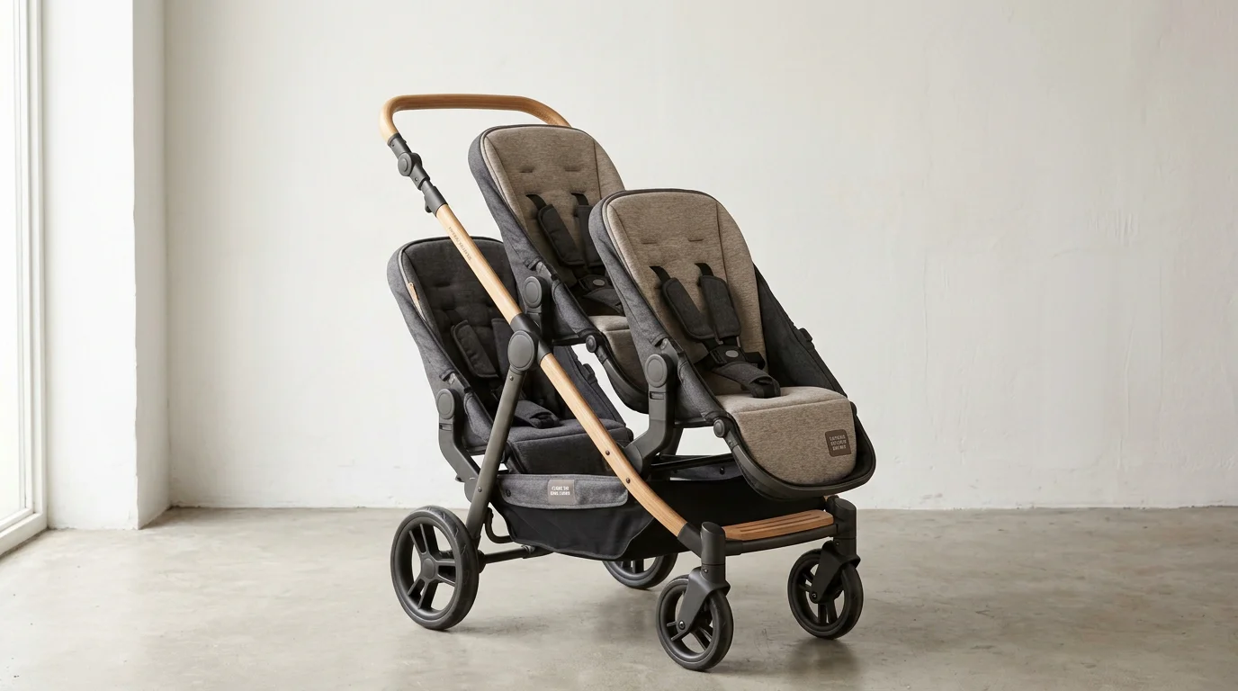 Poussette triple pour assistante maternelle sur fond clair