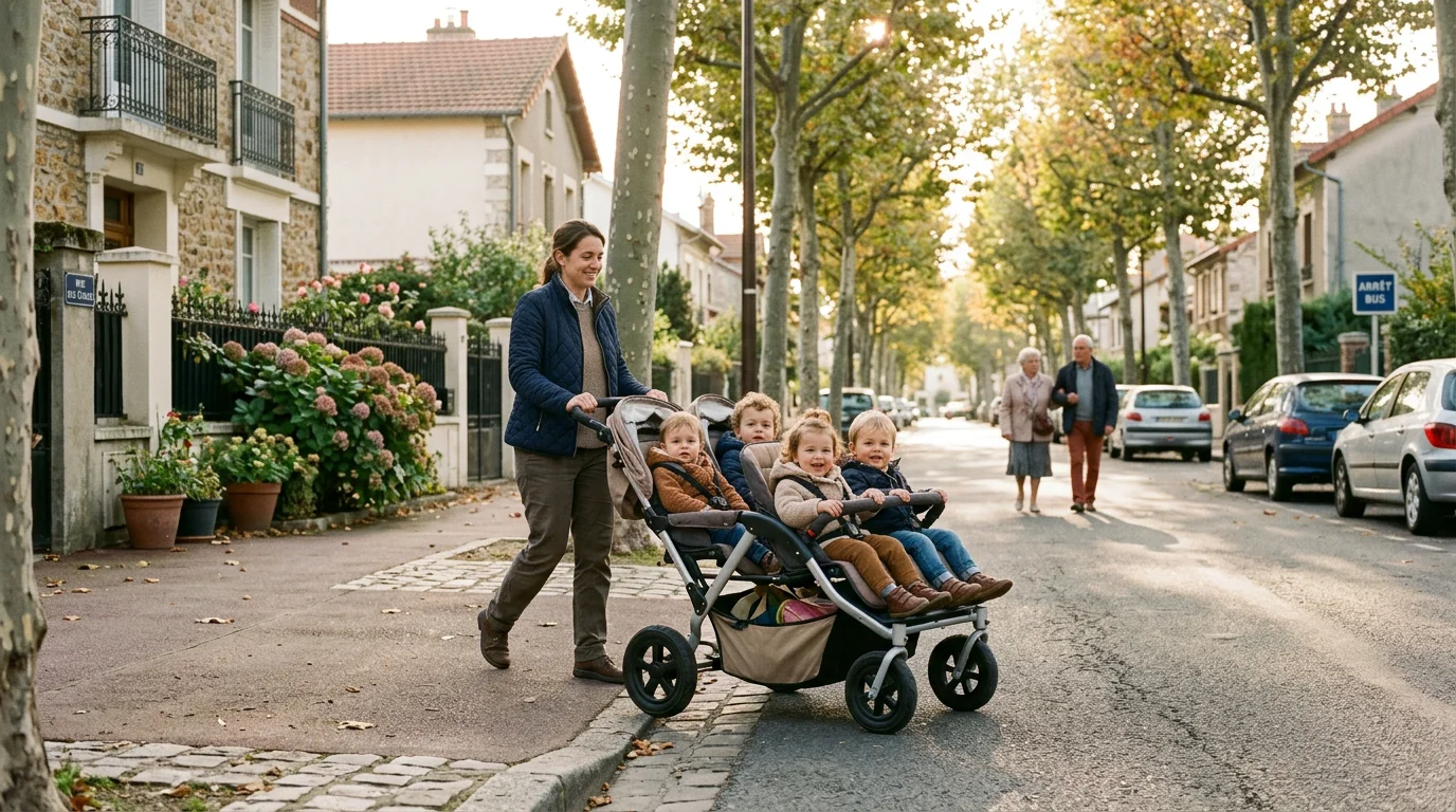 Sortie quotidienne avec une poussette multiple dans une rue française