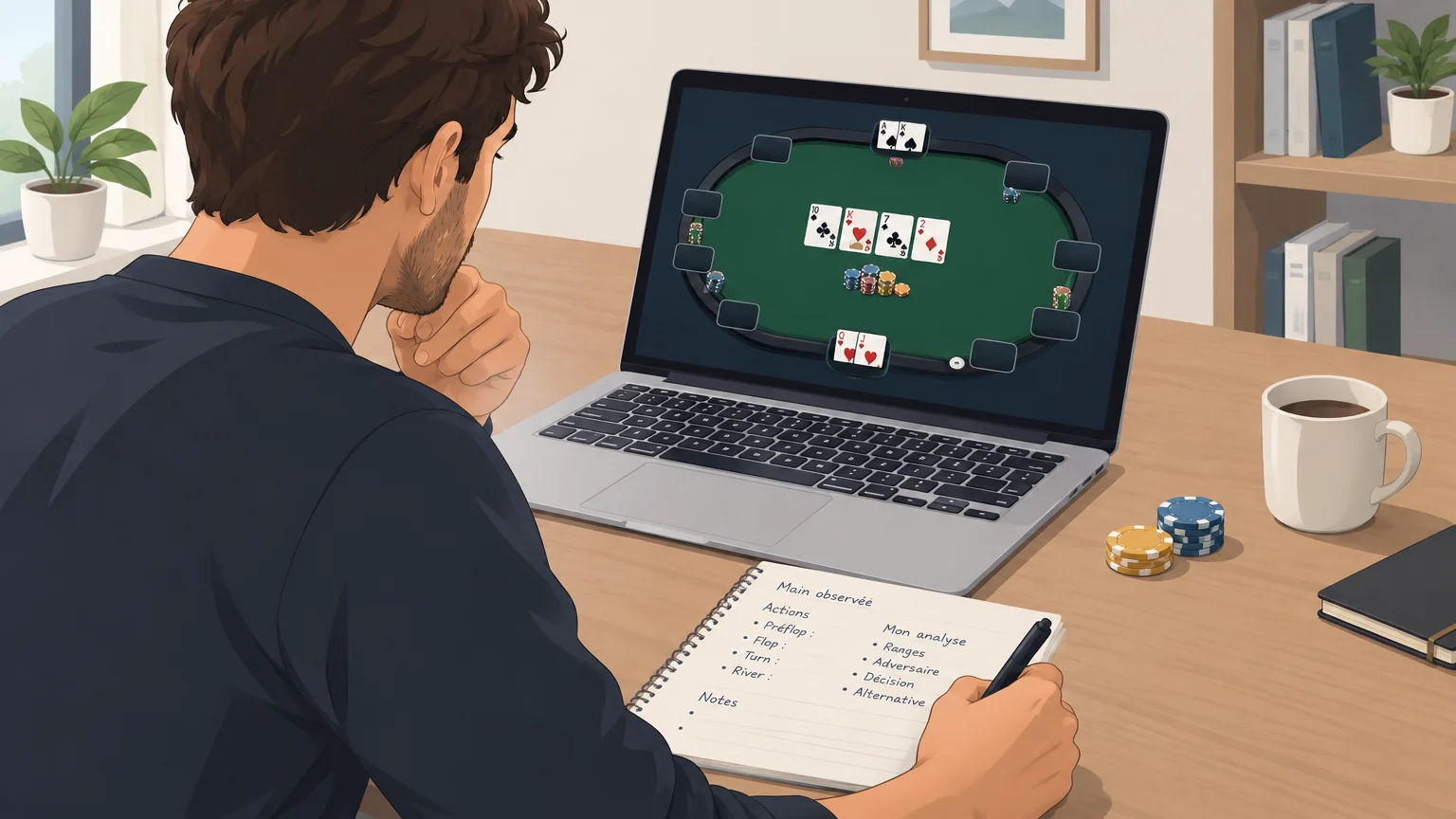 Une personne étudie une main de poker en ligne et prend des notes devant son ordinateur.