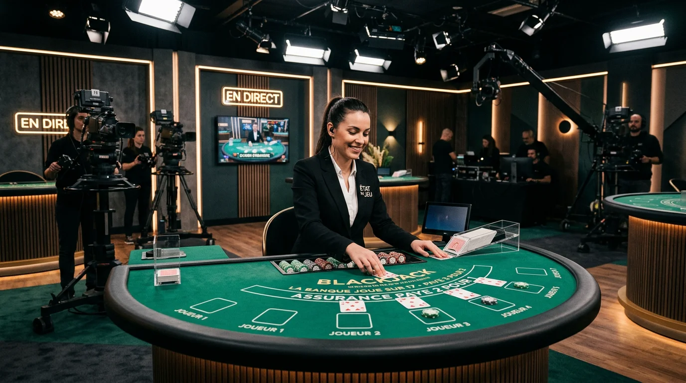 Studio de blackjack en direct avec croupier et caméras