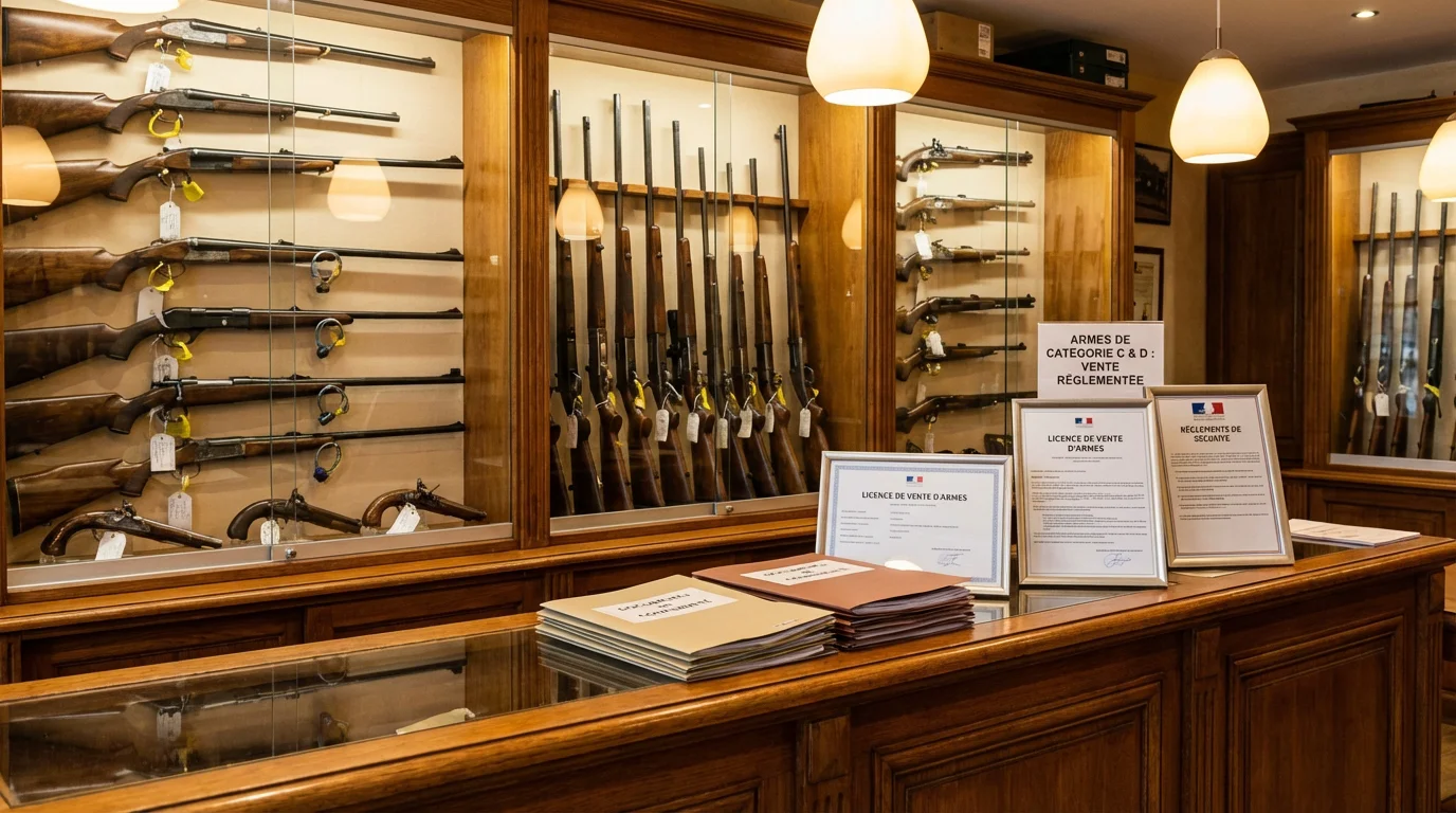 Comptoir d'armurerie française avec armes classées par catégorie et documents réglementaires