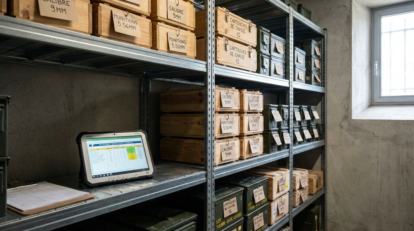 Boîtes de munitions organisées dans une armurerie avec suivi numérique des quotas