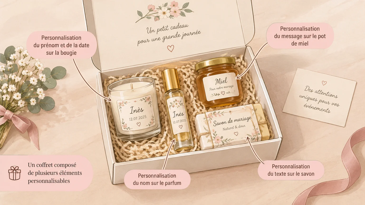 Montrer concrètement un coffret composé de plusieurs éléments personnalisables.