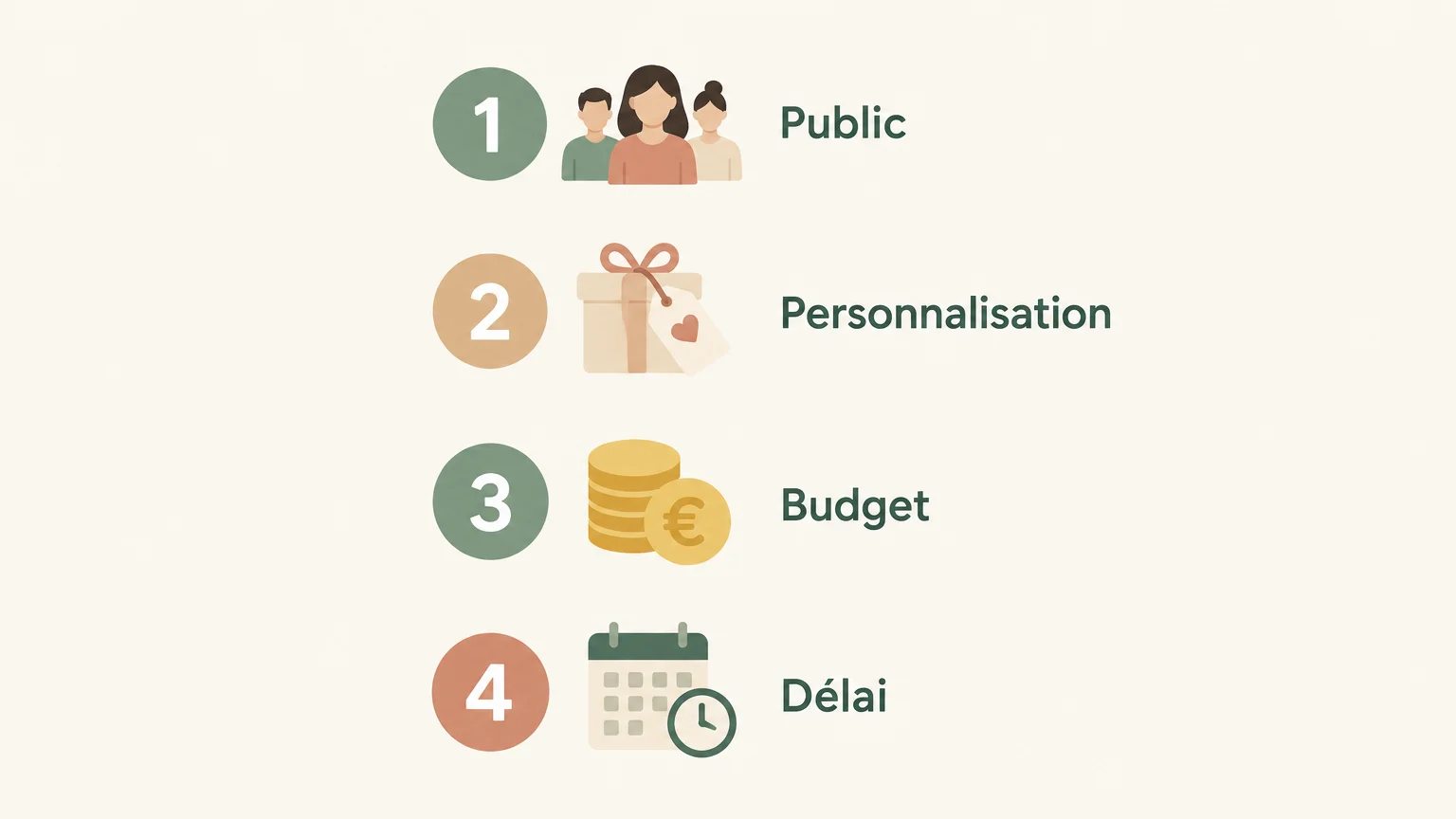 Quatre critères à vérifier : public, personnalisation, budget et délai