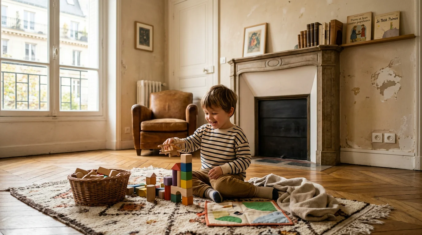 Jeune enfant jouant dans un logement ancien avec peinture dégradée
