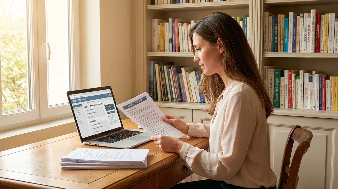 Praticienne du développement personnel qui consulte des formations en ligne à son bureau