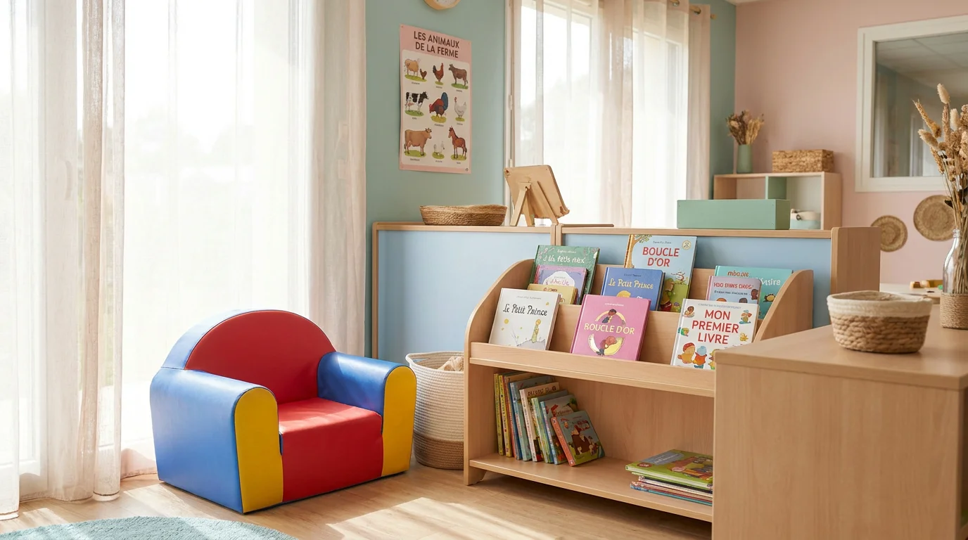 Fauteuil en mousse pour petite enfance installé dans un coin lecture de crèche